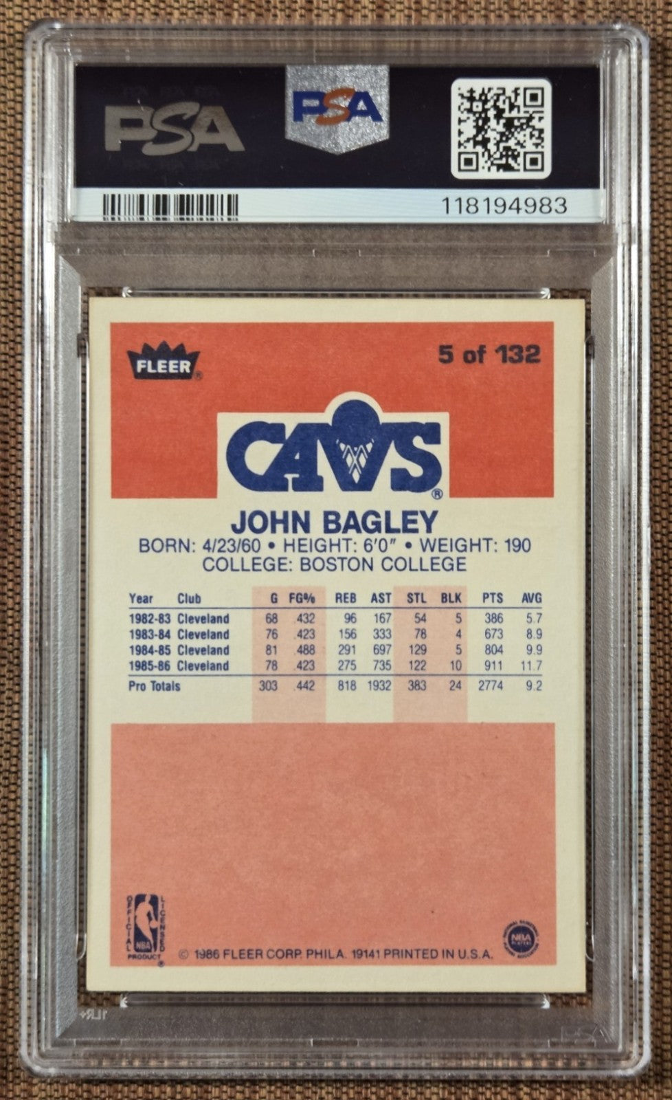1988 Fleer #5 John Bagley Cleveland Cavs Rookie Basketball Card PSA/DNA AUTO RC1