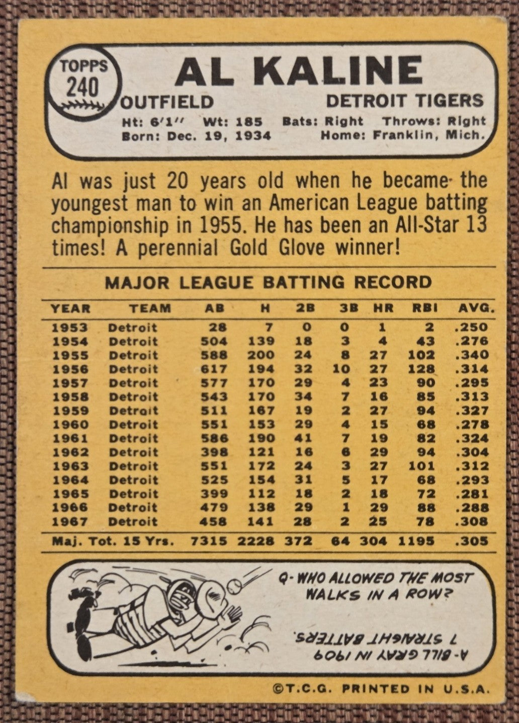 1968 Topps #240 Al Kaline Detroit Tigers Authentic Original Baseball Card HOF6