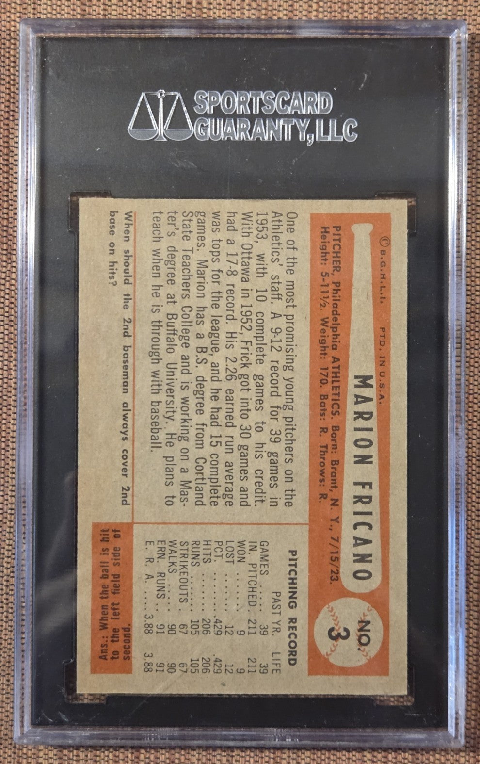 1954 Bowman Marion Fricano Philadelphia Athletics Baseball Card SGC 8 NM/MT1