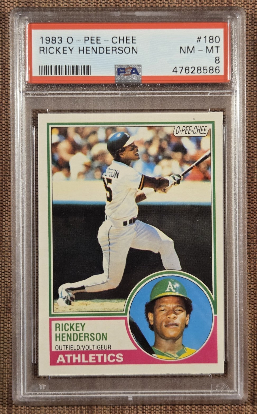 1983 O-Pee-Chee #180 Rickey Henderson Oakland Athletics Baseball Card PSA 8 NMMT0
